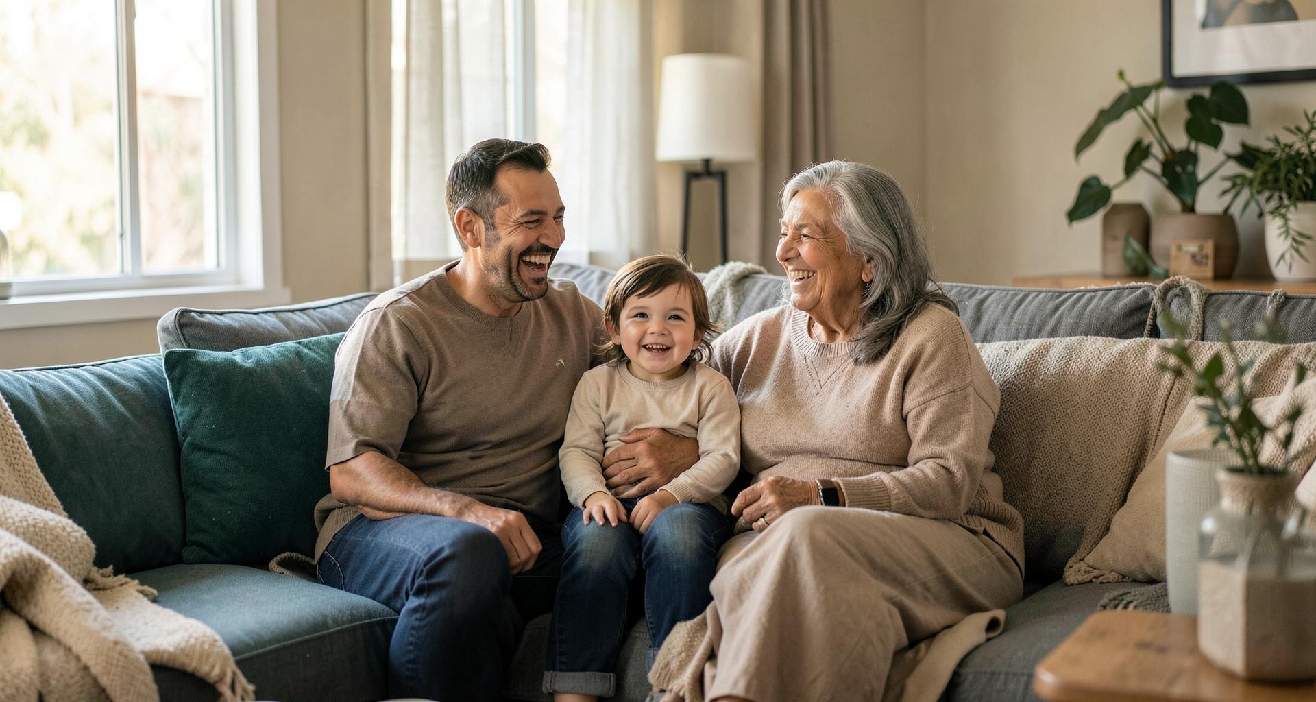 Familia de varias generaciones compartiendo en la sala de su hogar
